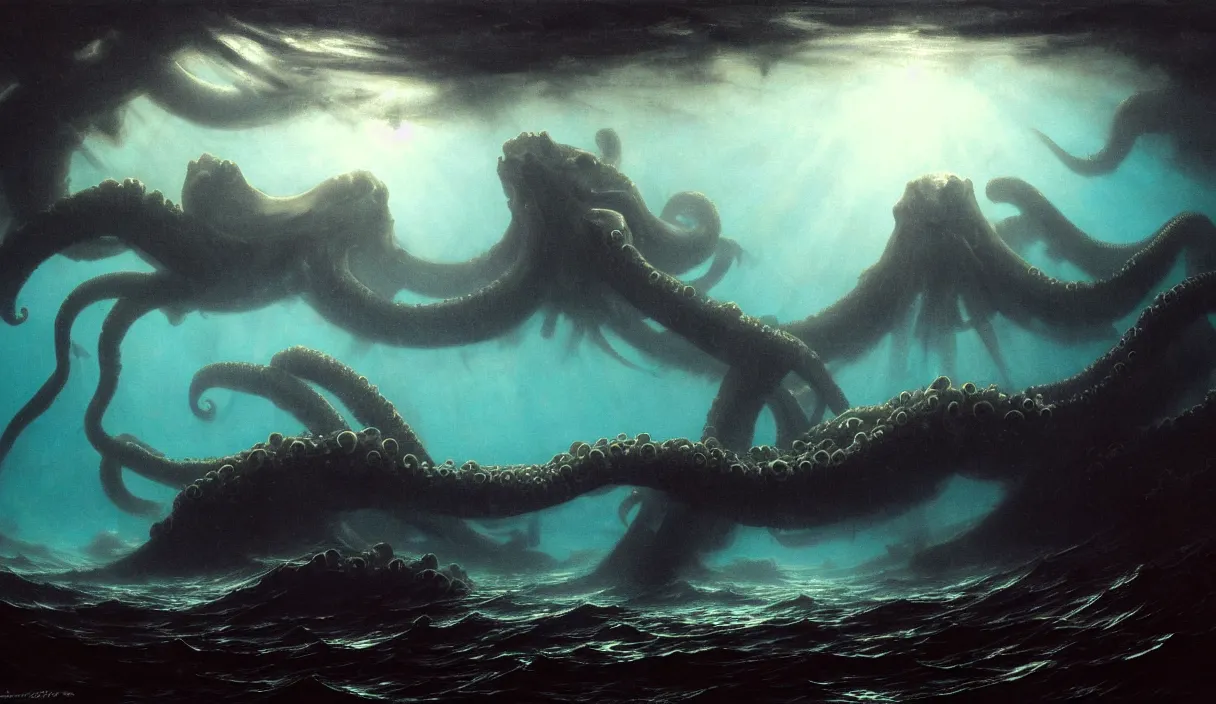 Image similar to low ultrawide shot, dark, underwater under sea submerged pre giant kraken octopus, abyss, stylized, anime style mixed with fujifilm, detailed gouache paintings, crepuscular rays, dark, murky, foggy, atmospheric, nicola samori, albert bierstadt, frederic edwin church, beksinski, wayne barlowe's inferno