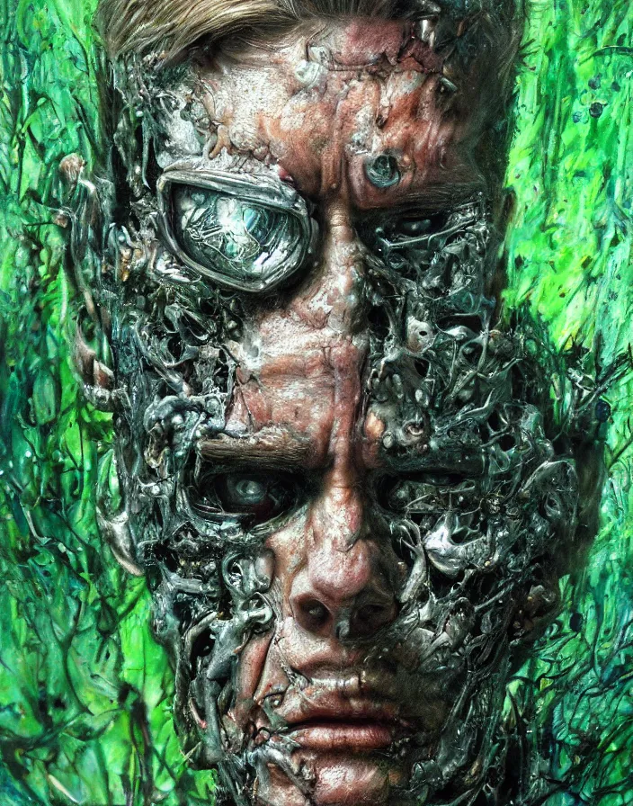 Image similar to Terminator covered in moss, photorealistic, masterpiece, perfect composition, hyperrealistic beautiful face, spectacular quality, intricate oil pastel glow, dynamic lighting, photorealistic, fantasy concept art, ambient lighting, atmospheric, stunning visuals, creative, cinematic, ultra detailed, trending on art station