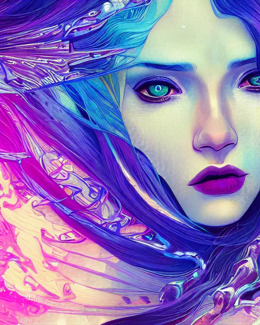 Image similar to glitch art close up portrait vampire, flowing hair, glitches, vaporwave, highly detailed, very intricate, graphical errors, art deco, neon glitch, chromatic aberration, harsh lighting, award - winning, unreal engine 5, illustration by mandy jurgens and alphonse mucha and alena aenami, glitch color palette, featured on artstation