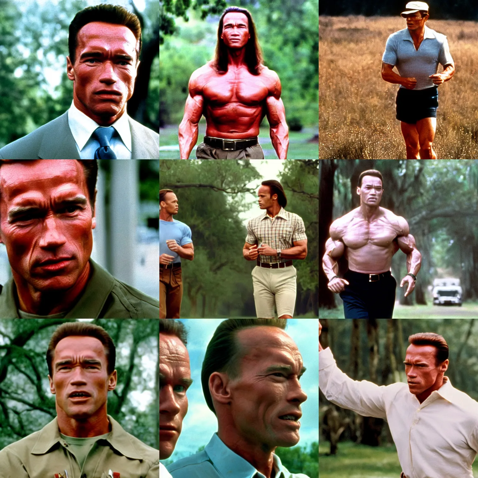 Prompt: film still of Arnold Schwarzenegger playing Forrest Gump, 4k