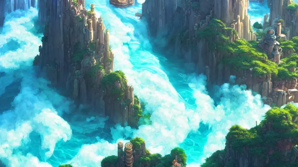 Image similar to atlantis, studio ghibli, pixar and disney animation, sharp, rendered in unreal engine 5, highly detailed, digital painting, artstation, concept art, smooth, sharp focus, illustration, wide angle, artbook, wallpaper, splash art, promo art, dramatic lighting, art by artgerm and greg rutkowski and bo chen and jin xiaodi