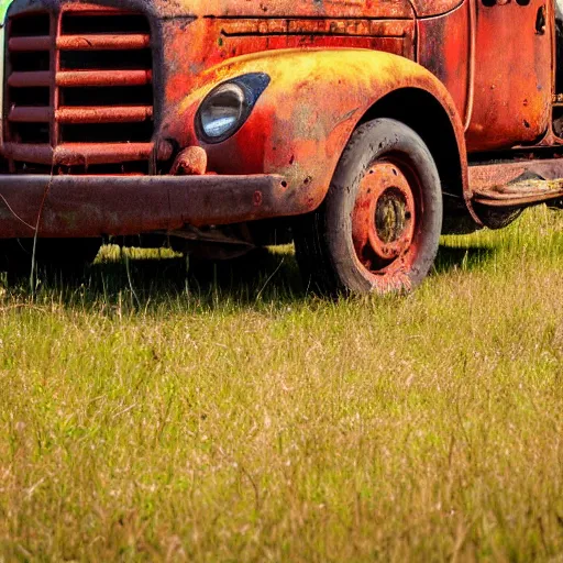 Image similar to Rusty truck, open field, 8k, photography