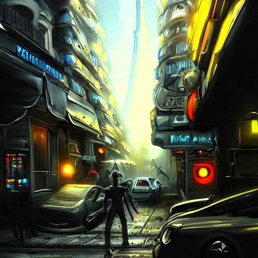 Prompt: Parisian cyberpunk street attacked by alien spaceship, very detailed, realistic, art by digital painting,