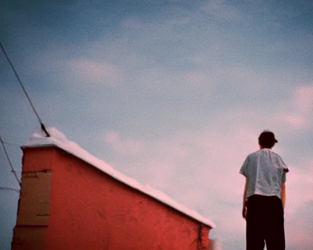 Image similar to lomo photo of man standing on the roof of soviet hrushevka, small town, cinestill, bokeh, out of focus