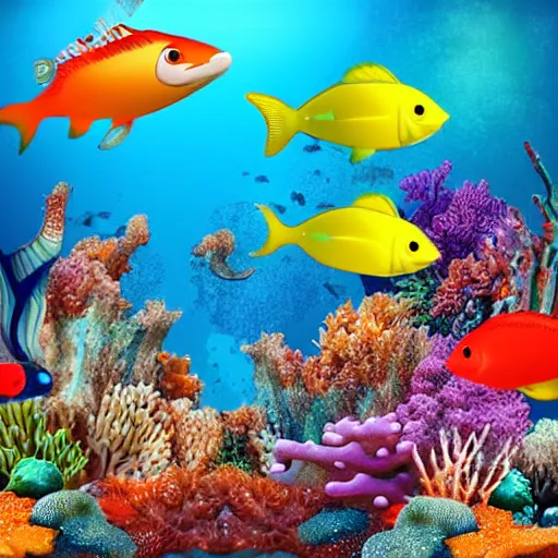 Prompt: underwater sea life with lots of colorful fishes realistic