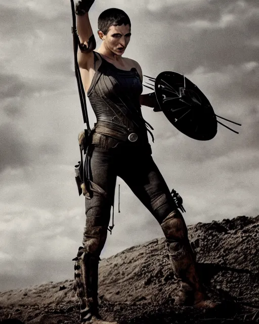 Prompt: photoshoot of gal gadot dressed as imperator furiosa in mad max fury road, photoshoot in the style of annie leibovitz, george miller, alejandro jodorowsky, studio lighting, soft focus 9 mm lens, bokeh