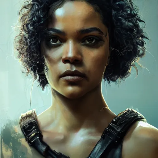 Image similar to tessa thompson portrait, dystopia core, apocalyptic, armor, warrior, dramatic, sharp focus, fiction, neon, fantasy, hyper detailed, digital art, trending in artstation, cinematic lighting, studio quality, smooth render, unreal engine 5 rendered, octane rendered, art style and nixeu and wlop and krenz cushart