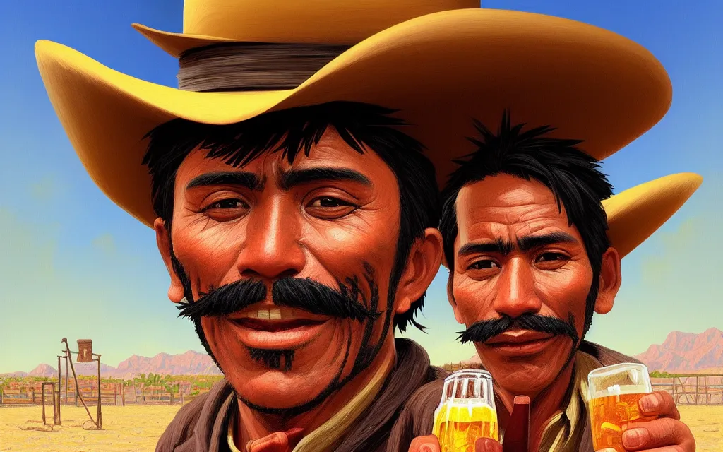 Image similar to photo of juan caloto beer illustration of a mexican man,, with one small, dirt, wild west, with hat, drinking a beer at train station, fantasy, intricate, elegant, highly detailed, digital painting, artstation, concept art by makoto shinkai, ilya kuvshinov, lois van baarle, rossdraws, basquiat,