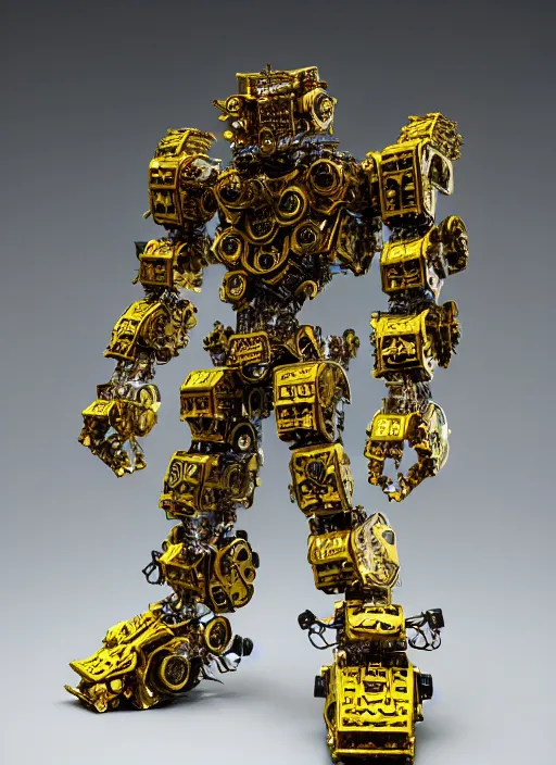 Image similar to a intricate ornate boxing humanoid mecha, punk, by war robots, real steel ( 2 0 1 1 ), westworld and pacific rim movie and ps 5 game machine warrior 5, cryengine, frostbite 3 engine, blue and yellow scheme, sharp focus, 8 k, high definition, insanely detailed, soft lighting, smooth face