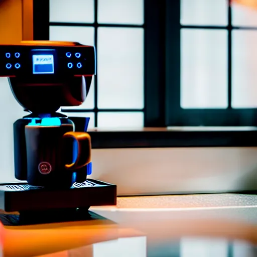 Image similar to dslr photo of a robotic coffee machine in a kitchen,