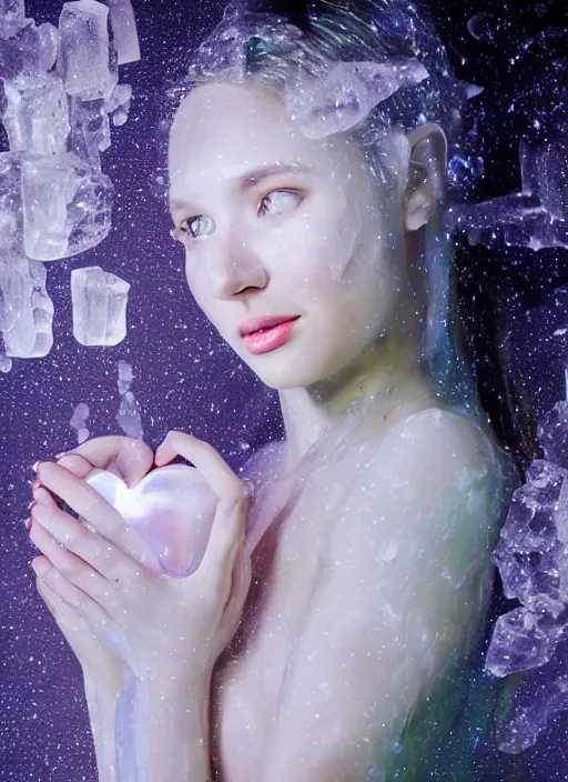 Image similar to beautiful girl with translucent skin heart made of ice glowing from beneath the skin, Oregon's glowing, professional photography, science fiction, biblical