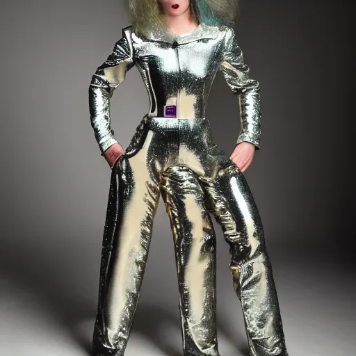 Image similar to portrait davis taylor brown dressed in 1 9 8 1 space fantasy fashion, shiny metal