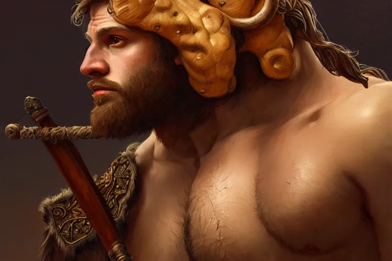 Image similar to renaissance upper body portrait of a gruff ranger with a spear, lean and toned, handsome face, hairy chest, D&D, intricate, elegant, highly detailed, digital painting, artstation, concept art, matte, sharp focus, illustration, art by da Vinci, Artgerm and Greg Rutkowski and Alphonse Mucha