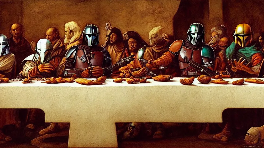 Image similar to mandalorian last supper, by leonardo davinci, concept art, oil painting, art station