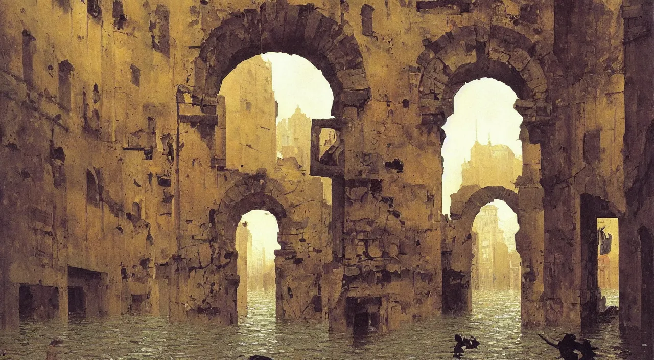 Prompt: a high contrast! painting of a flooded ancient street empty arch by chris foss carl spitzweg rene magritte, full - length view, psychedelic, surreal, vibrant, symmetry, great composition, high detail, cinematic lighting, masterpiece