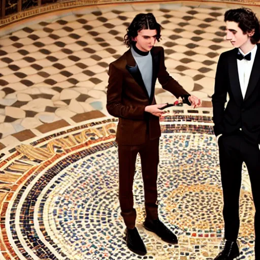 Prompt: Cinematic knife-duel between bald_hairless_Austin_Butler-dressed-in-black and Timothee_Chalamet_dressed-in-brown-felt, on a mosaic marble floor dais, intricately detailed faces