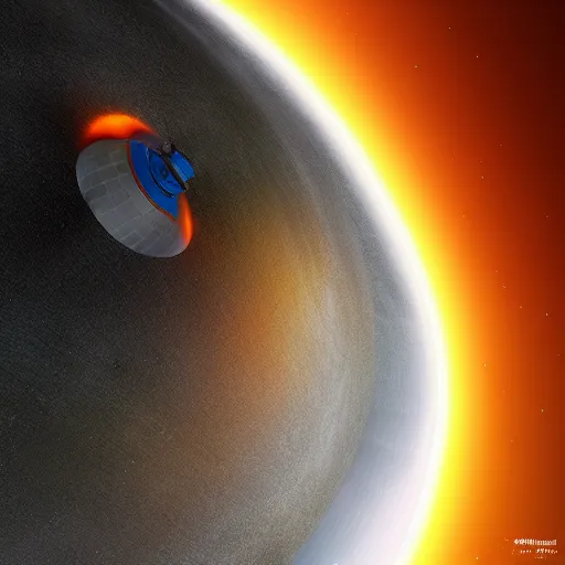 Image similar to photorealistic spacecraft, blackhole in background