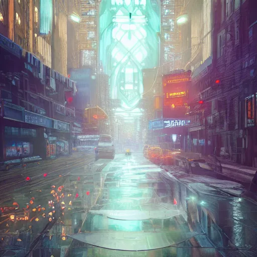 Prompt: New York 2650 rendered by Beeple steampunk city, magic library, carving on southern ice porcelain , overdetailed art, by greg rutkowski, by Alfons Mucha, complementing colors, colorful lights, fireflies, detailed illustration, octane render, smoky