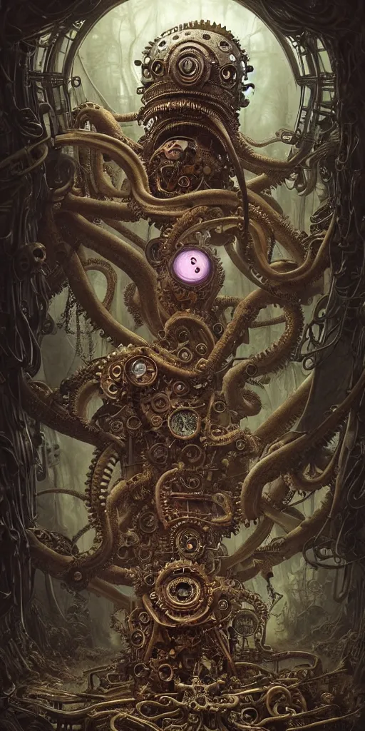 Image similar to biomechanical steampunk creature with robotic parts and big octopus head and (glowing) eyes guarding an ancient chest in a mystic forest, gothic and baroque, brutalist architecture, ultradetailed, creepy ambiance, artgerm, giger, Intricate by Ellen Jewett and Josan Gonzalez and Giuseppe Arcimboldo