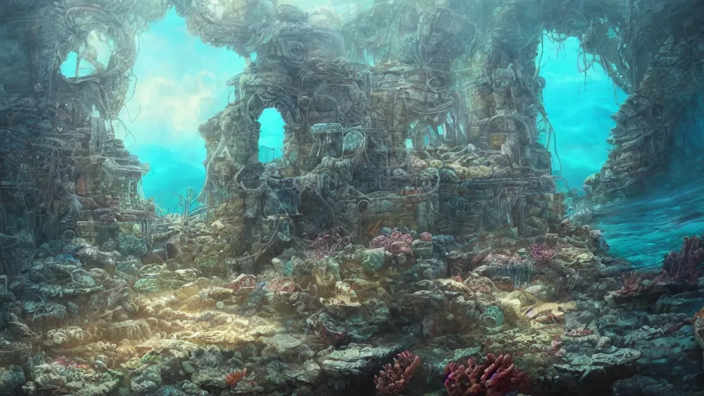 Image similar to Trending on artstation, beautiful underwater ruins, coral reef, detailed matte painting, oil on canvas