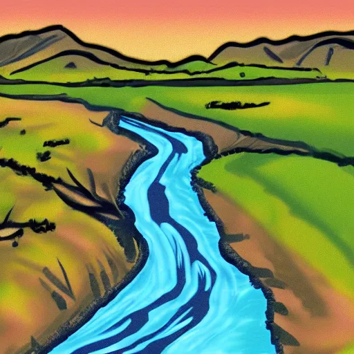 Image similar to digital art painting of a river running through the plains, very mediocre, not detailed at all.