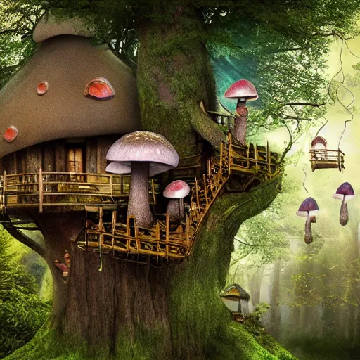 Prompt: Mushroom treehouse, fairy, magical, mystical, realistic, 4k