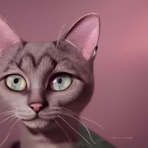 Image similar to a pink cute cat with big ears and big eyes, zeiss lens, detailed, symmetrical, centered, fashion photoshoot, by Annie Leibovitz and Steve McCurry, David Lazar, Jimmy Nelsson, Breathtaking, 8k resolution, extremely detailed, beautiful, establishing shot, artistic, hyperrealistic, beautiful face, octane render