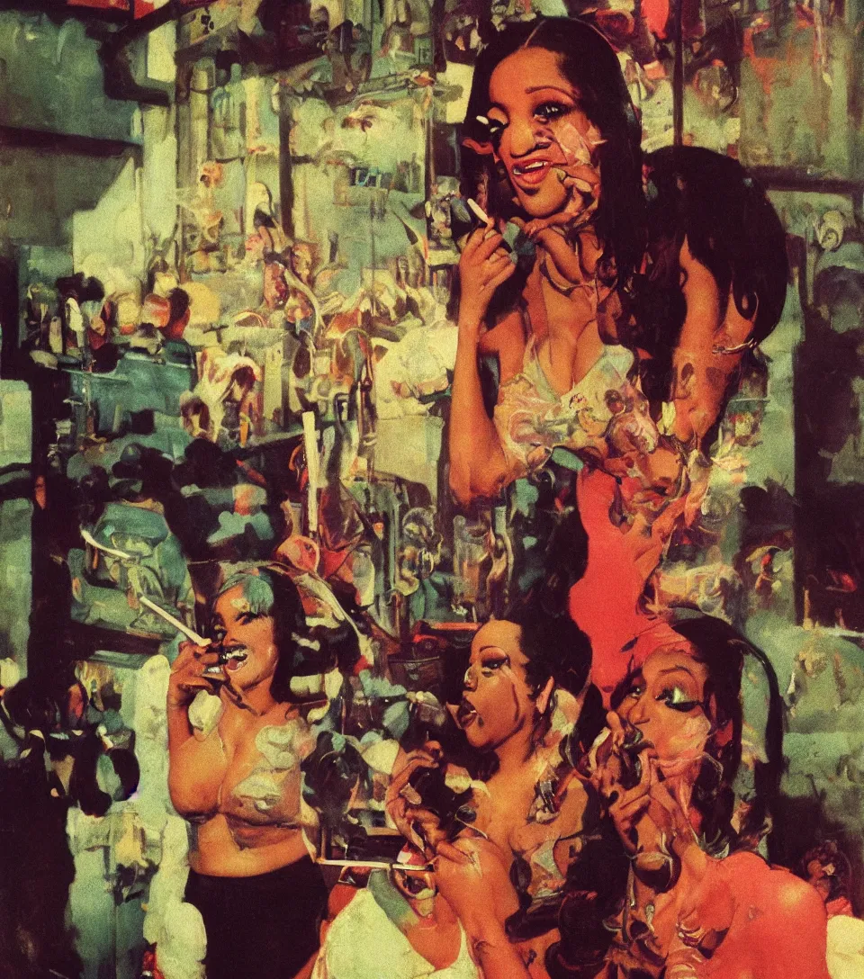 Image similar to standing portrait of ecstatic cardi b looking into the camera standing smoking a cigarette, warm street lights store front, 1 9 6 0 s technicolor, intricate, moody, personal, highly detailed, short focus depth, donato giancola, joseph christian leyendecker, frank frazetta, alex horley, ralph horsley, michael whelan, 2 0 0 mm focal length