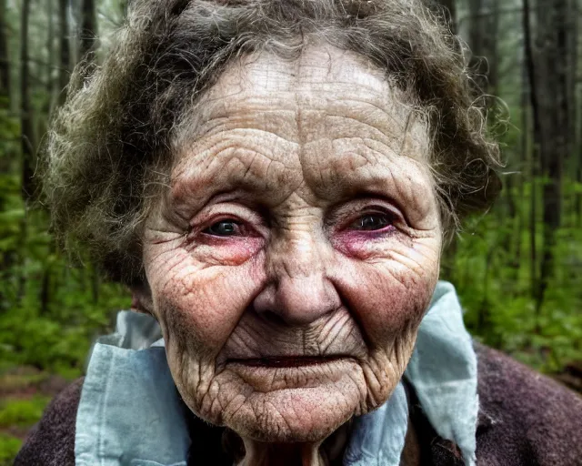 Image similar to close up portrait of an old woman with sinister face and dirty clothes standing outside of an old cabin, forest in the background, bokeh, depth of field, dramatic lighting, cinematic, vivid colors, matte painting, digital painting style, John Atkinson Grimshaw color scheme