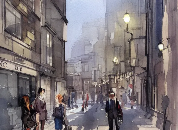 Image similar to concept art of street england city, pinterest, artstation trending, behance, watercolor, by coby whitmore *, silver, laser light *,