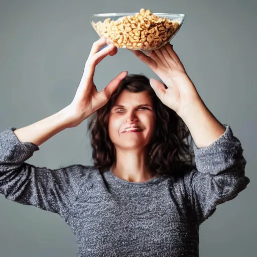 Prompt: a woman holding thunder in her hands over a bowl of cereal