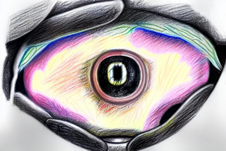 Image similar to a pastel drawing of horrific depiction of eye surgery, eyes of a person.