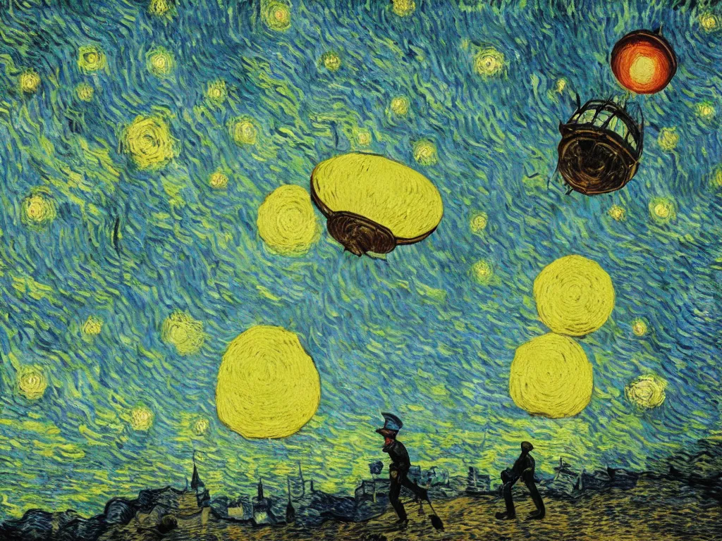 Image similar to bright beautiful oil painting of flying saucer abducting van gogh from arles france with a glowing green light, light scatter, van gogh