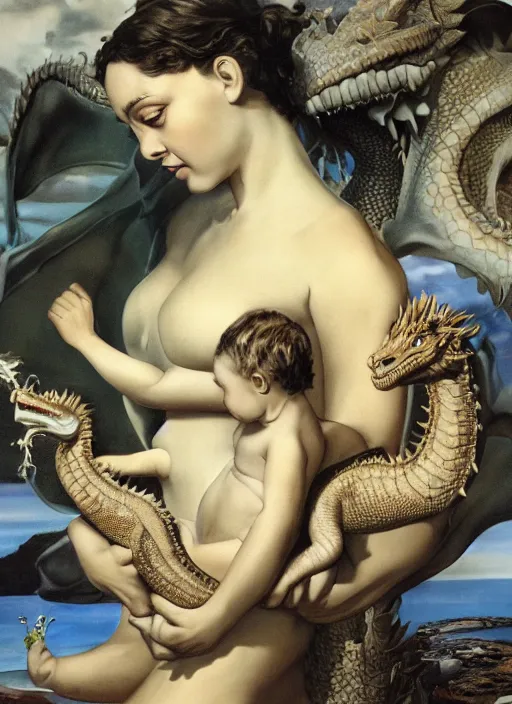 Image similar to danerys stormborn with her dragon babies, by salvador dali, detailed matte painting, 8 k resolution