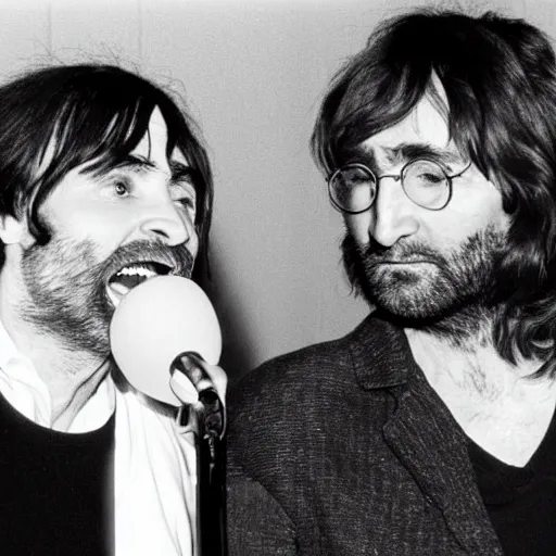 Prompt: charles manson singing with john lennon, portrait, high quality photography, realistic, detailed, uncropped, face detail,
