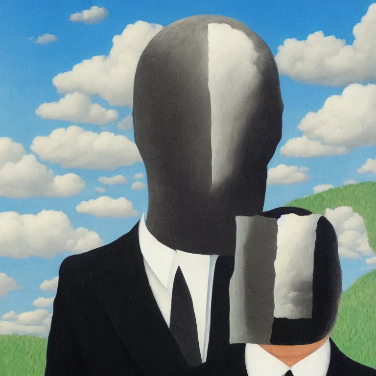 Image similar to portrait of a faceless reflective chrome - head man in a suit and black gloves, clouds and nature landscape in the background, by rene magritte, detailed painting, distance, centered, hd, hq, high resolution, high detail, 4 k, 8 k