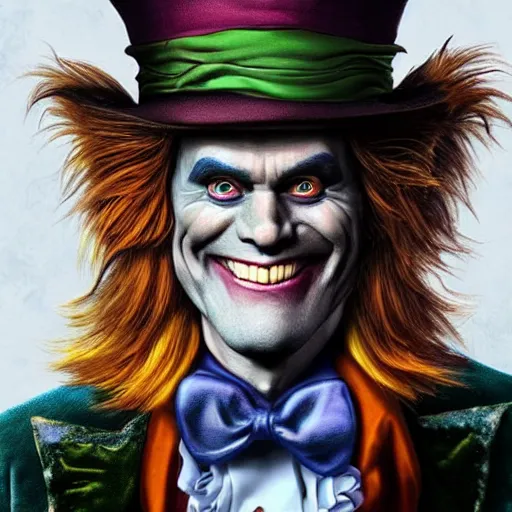 Image similar to Jim Carrey as mad hatter. epic game portrait. Highly detailed. D&D art by Michelangelo