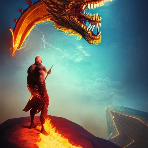 Image similar to a detailed rendition of kratos as lebron james riding a gigantic fire breathing dragon, art by beeple