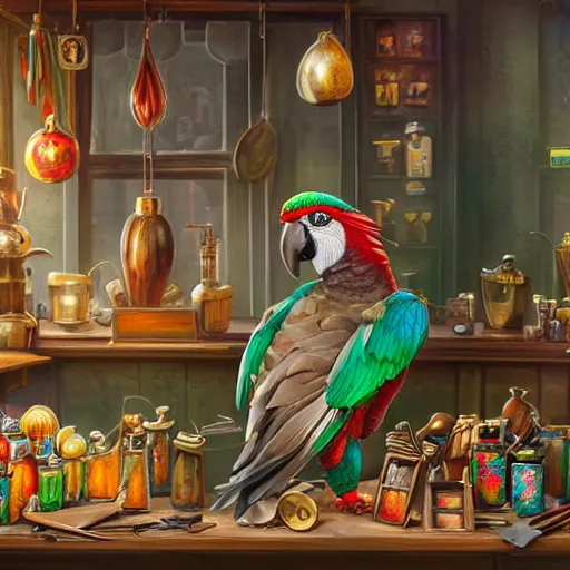 Image similar to Anthropomorphized parrot trader in his shop, selling his wares, portrait, items, gold, carpet, window, sly expression , cunning expression, cute expression, presenting wares, holding a gold bag, D&D, fantasy, cinematic lighting, highly detailed, digital painting, artstation, concept art, smooth, sharp focus, illustration, warm light, cozy warm tint, magic the gathering artwork, volumetric lighting, 8k, art by Akihiko Yoshida, Greg Rutkowski