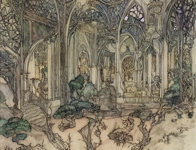 Image similar to a detailed, intricate watercolor and ink illustration with fine lines of the view from the river of an art nouveau arabian palace, by arthur rackham and edmund dulac and lisbeth zwerger