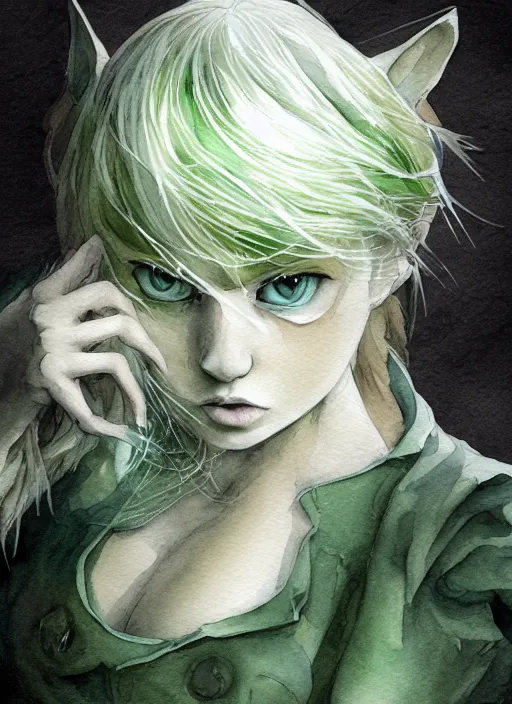 Image similar to blonde woman with green eyes kisses a grey white cat with green eyes, watercolor, dramatic lighting, cinematic, establishing shot, extremly high detail, foto realistic, cinematic lighting, pen and ink, intricate line drawings, by Yoshitaka Amano, Ruan Jia, Kentaro Miura, Artgerm, post processed, concept art, artstation, matte painting, style by eddie mendoza, raphael lacoste, alex ross