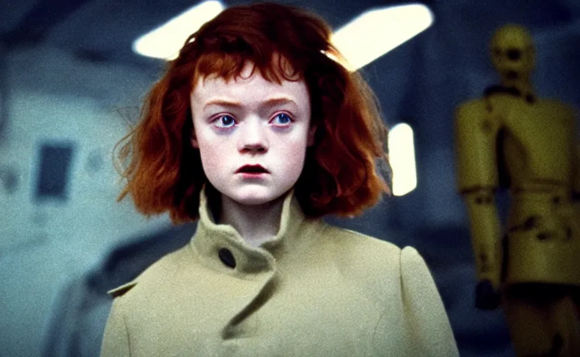 Image similar to sadie sink with spiky short hair in oversized man's coat : a still from a scifi soviet cyberpunk film from 1 9 8 0 s. by steven spielberg and james cameron. 6 5 mm low grain film stock. sharp focus, realistic facial expression, perfect anatomy, cinematic atmosphere, detailed and intricate environment, trending on artstation