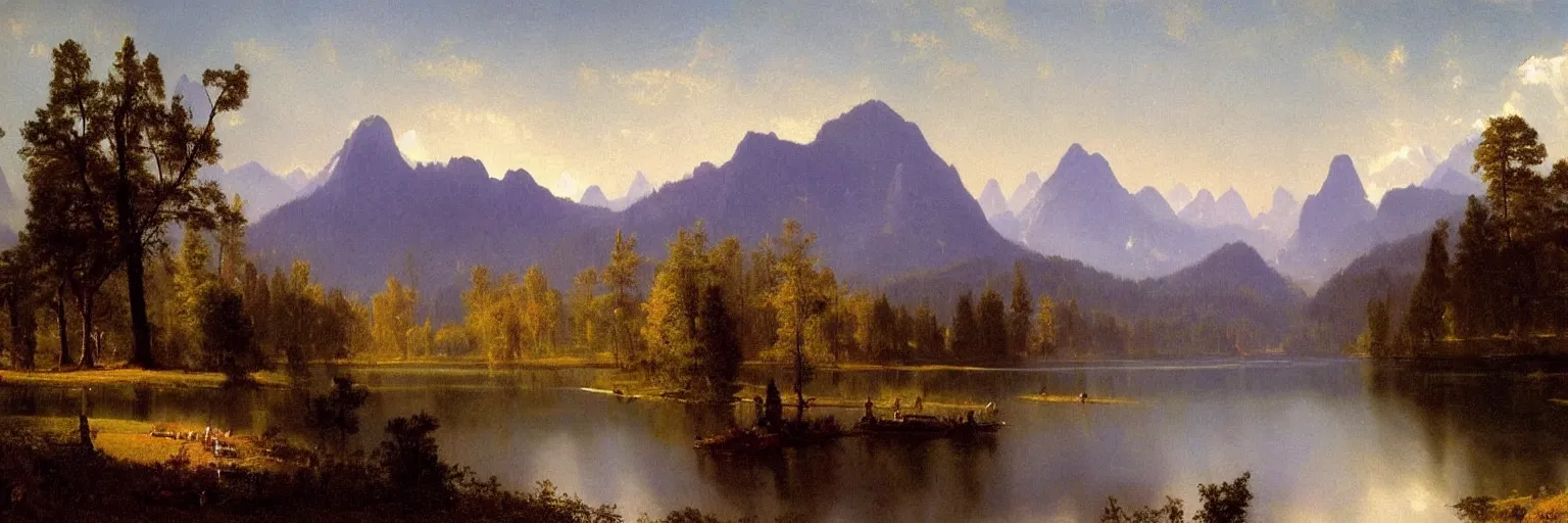 Image similar to beautiful albert bierstadt landscape painting of beautiful mountains and lakes with a mcdonald ’ s fast food restaurant in the scene