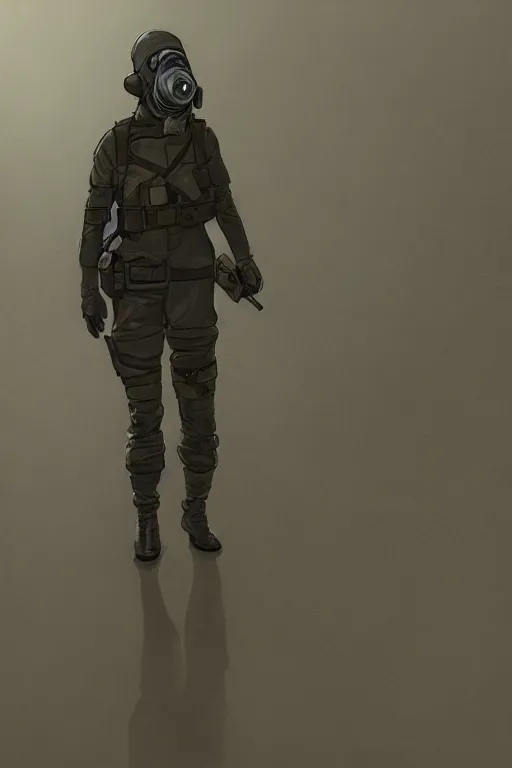 Image similar to medieval british sas female operative with the standard s 1 0 gas mask and the black uniform, artstation, trending on artstation, establishing shot, by simon stalenhag