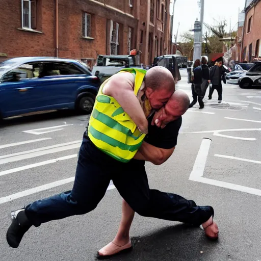 Prompt: a man wrestling a traffic warden to avoid getting a parking ticket