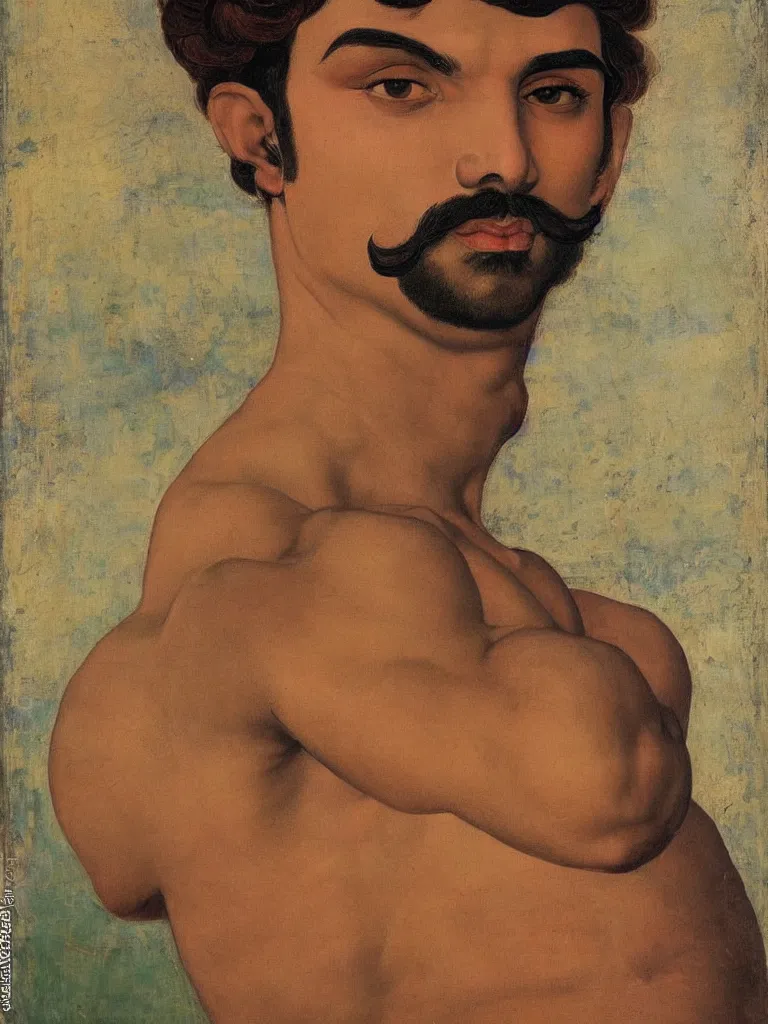 Image similar to portrait of a 20 years old muscular persian iranian wrestler handsome man flexing and posing with a mustache by victor Nizovtsev and Botticelli