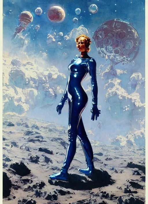 Image similar to tall elegant venusian woman wearing a latex spacesuit on alien world, by norman rockwell, jack kirby, jon berkey, earle bergey, craig mullins, ruan jia, jeremy mann, tom lovell, astounding stories, pulp illustration, scifi, amazing stories, other worlds