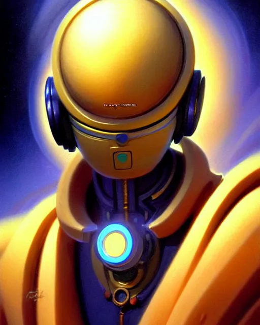 Image similar to zenyatta from overwatch, character portrait, portrait, close up, vintage fantasy art, vintage sci - fi art, radiant light, caustics, by boris vallejo