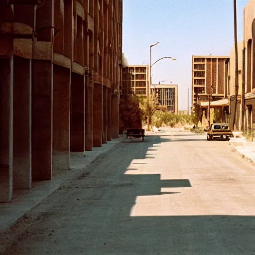 Image similar to 1 9 7 0 s movie still of a empty mammoth stalinist style town with high - rise in the desert, cinestill 8 0 0 t 3 5 mm eastmancolor, heavy grain, high quality, high detailed