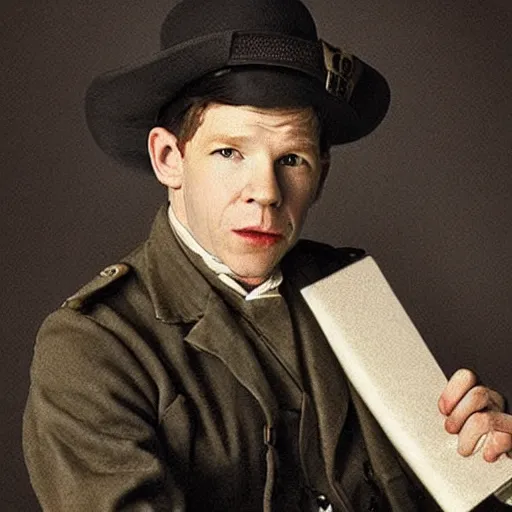 Prompt: thirtysomething years old lee evans as a ( ( ( sad ) ) ), dreamy, quirky 1 9 th century, austrian postman. detailed soft focus natural lights, sketch by rembrandt, csok istvan and da vinci